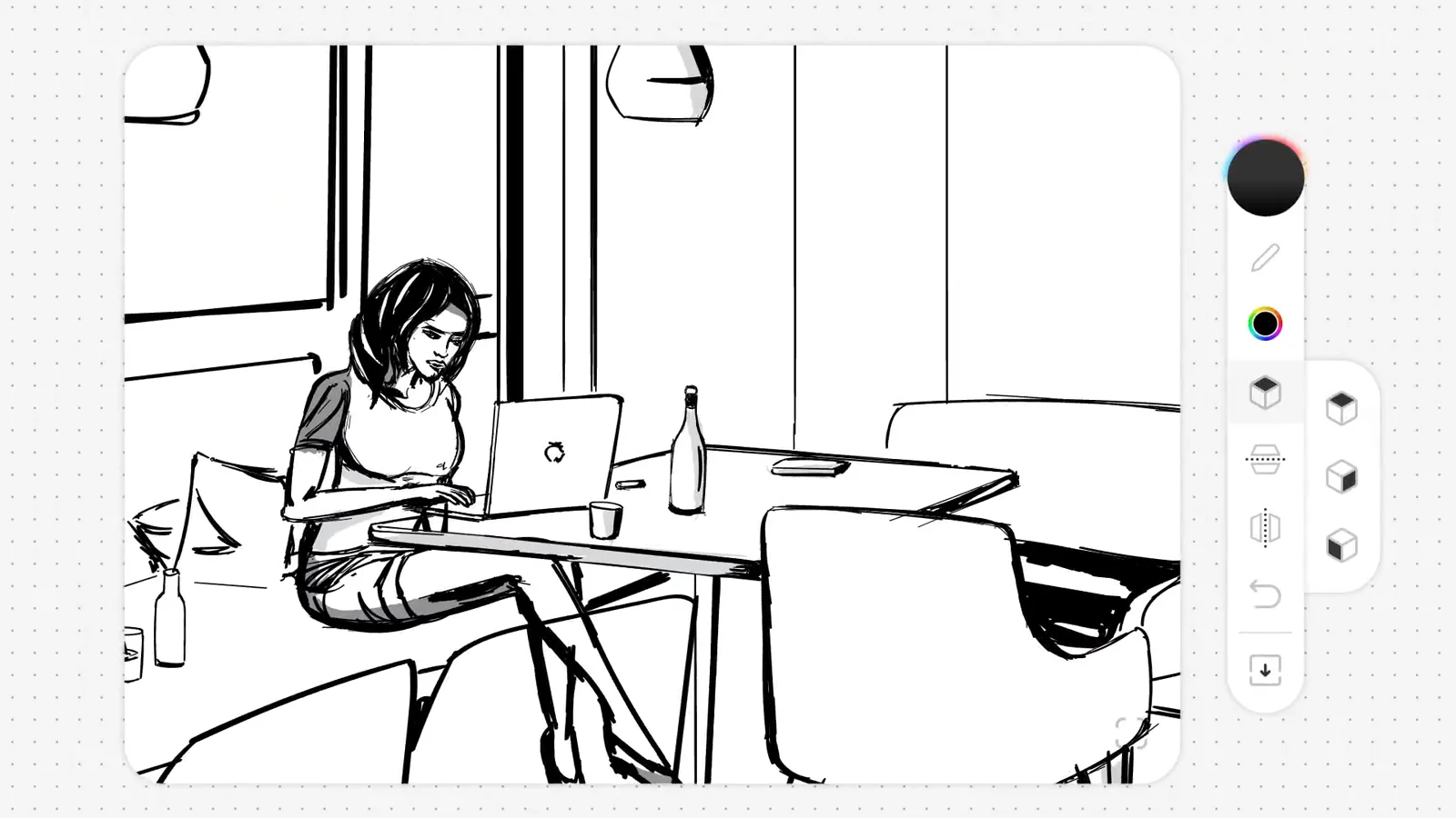 The Arter cafe-scene storyboard, generated from a typed description.