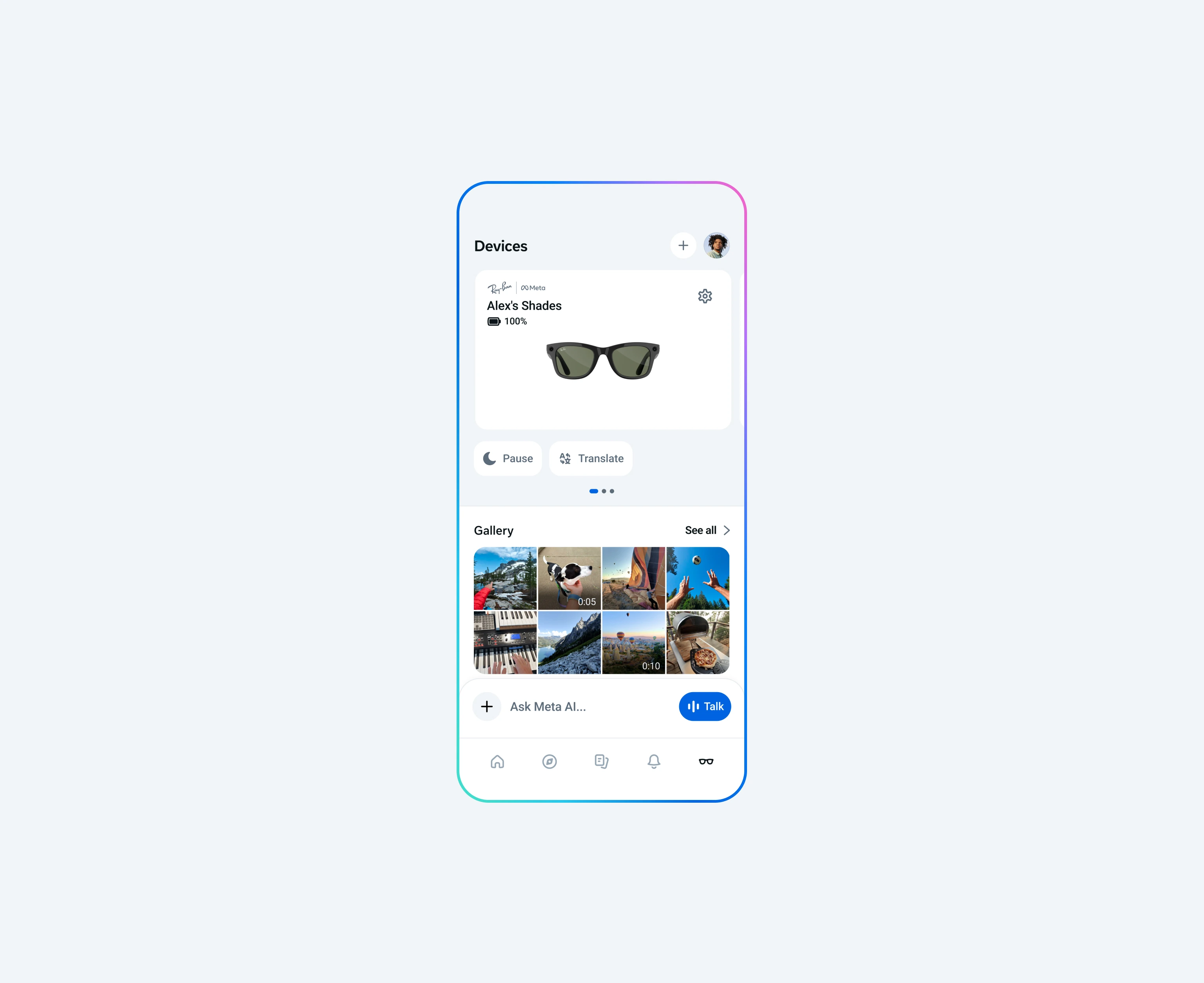 Ray-Ban Meta companion app — Devices home with paired glasses, gallery, and the Ask Meta AI input.